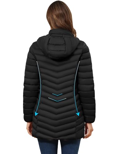 ROYAL MATRIX Women's Packable Puffer Jacket - Lightweight Winter Warm Long Quilted Puffer Coat with Detachable Hood (Jet Black, L)