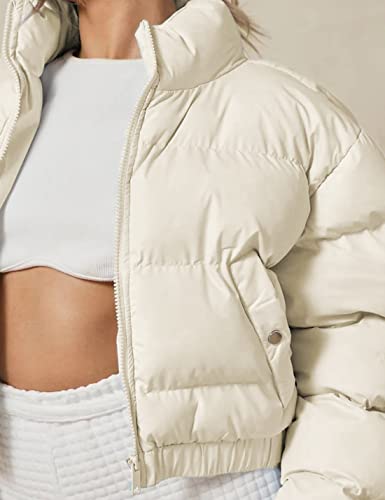 Yeokou Women's Cropped Puffer Jacket Black Stand Collar Zip Up Short Bubble Coat with Pockets(Apricot-M)