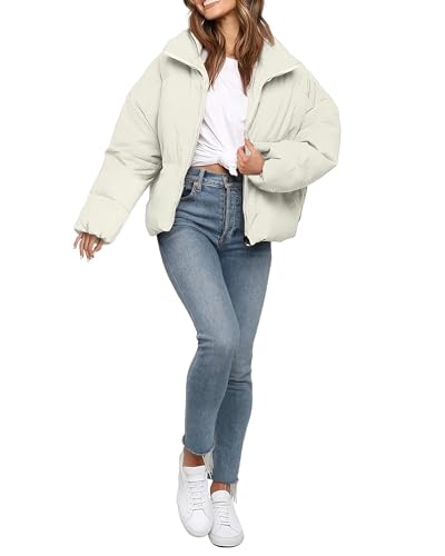 Polu Women's Winter Cropped Puffer Jacket Oversized Long Sleeve Full Zip Puffy Coat Warm Quilted Jacket with Pockets(White,S)