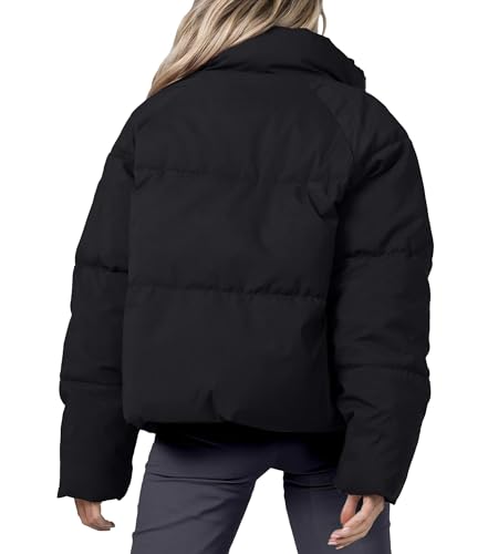 URMOSS Women's 2024 Winter Cropped Puffer Jacket Long Sleeve Stand Collar Oversize Lightweight Zip Up Short Down Coat with Pockets(Black,M)