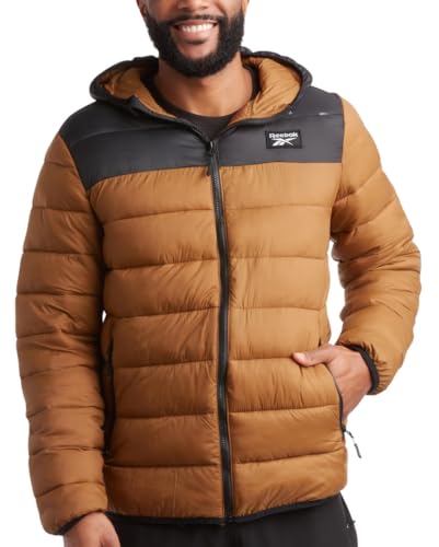 Reebok Men's Jacket – Lightweight Hooded Quilted Puffer Coat – Warm Insulated Winter Jacket for Men (S-4X), Size Large, Timber/Black