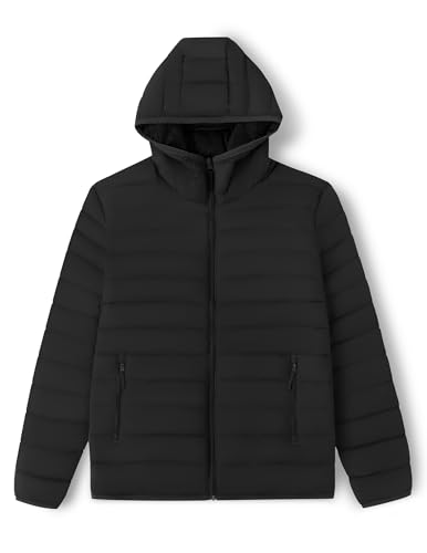 COOFANDY Men's Black Puffer Jacket Lightweight Packable Hooded Puffy Winter Jackets for Running Travel