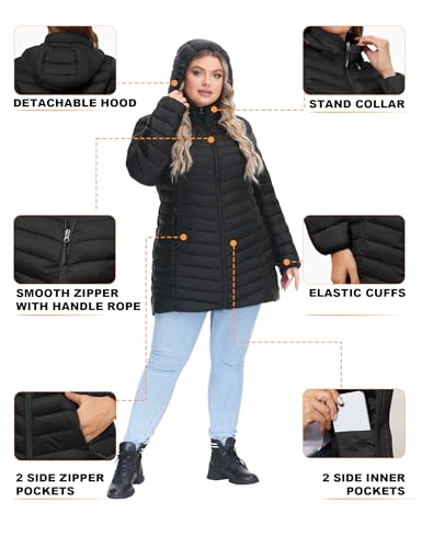 ROYAL MATRIX Women's Packable Puffer Jacket - Lightweight Winter Warm Long Quilted Puffer Coat with Detachable Hood (Jet Black, L)