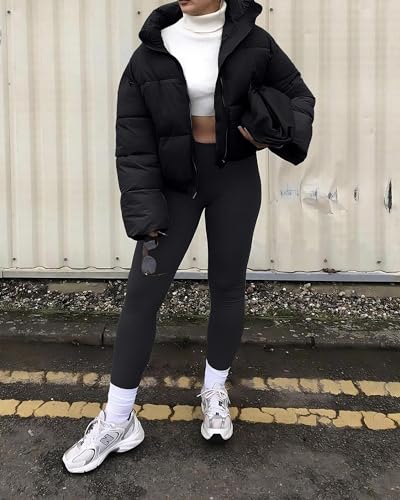 URMOSS Women's 2024 Winter Cropped Puffer Jacket Long Sleeve Stand Collar Oversize Lightweight Zip Up Short Down Coat with Pockets(Black,M)