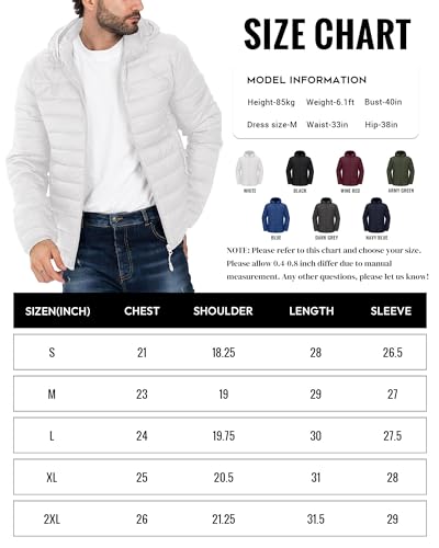 Men's Lightweight Puffer Jacket Hooded Down Alternative Coat Packable Windproof Outerwear Jacket White 2XL