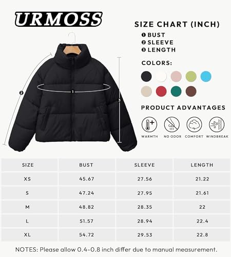 URMOSS Women's 2024 Winter Cropped Puffer Jacket Long Sleeve Stand Collar Oversize Lightweight Zip Up Short Down Coat with Pockets(Black,M)
