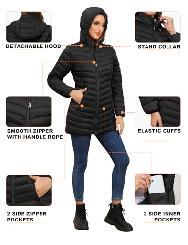 ROYAL MATRIX Women's Packable Puffer Jacket - Lightweight Winter Warm Long Quilted Puffer Coat with Detachable Hood (Jet Black, L)