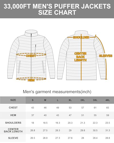 33,000ft Men's Lightweight Packable Insulated Puffer Winter Jacket, Water-Resistant Warm Quilted Down Alternative Puffy Coat