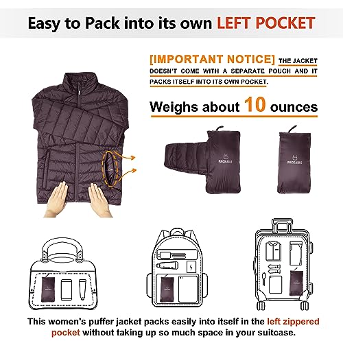 Outdoor Ventures Women's Packable Full-Zip Short Puffer Jacket Insulated Quilted Warm Lightweight Winter Coat