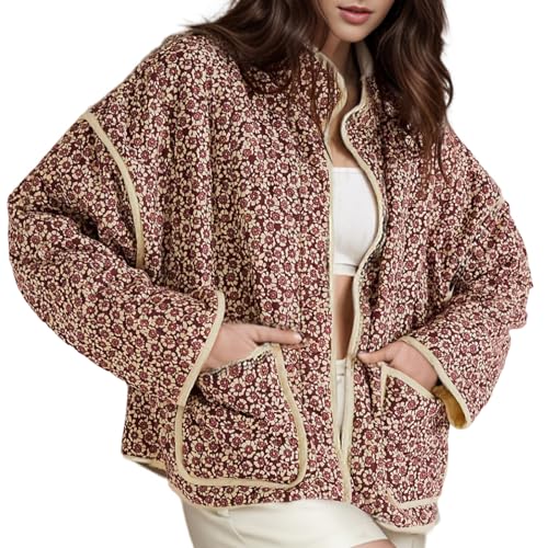 Yimoon Women's Cropped Puffer Quilted Jacket Vintage Floral Print Open Front Lightweight Short Jacket Outwear