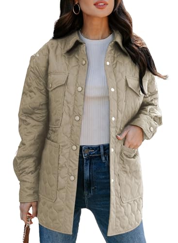 EVALESS Diamond Quilted Jackets for Women Lightweight Collar Long Sleeve Button Down Puffer Jacket Fall 2024 Coat Outerwear with Pockets Beige Medium
