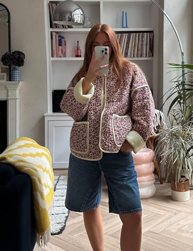 Yimoon Women's Cropped Puffer Quilted Jacket Vintage Floral Print Open Front Lightweight Short Jacket Outwear