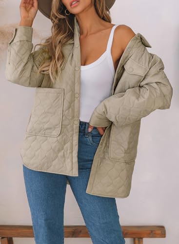 EVALESS Diamond Quilted Jackets for Women Lightweight Collar Long Sleeve Button Down Puffer Jacket Fall 2024 Coat Outerwear with Pockets Beige Medium