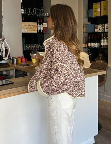 Yimoon Women's Cropped Puffer Quilted Jacket Vintage Floral Print Open Front Lightweight Short Jacket Outwear