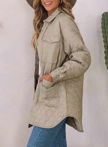 EVALESS Diamond Quilted Jackets for Women Lightweight Collar Long Sleeve Button Down Puffer Jacket Fall 2024 Coat Outerwear with Pockets Beige Medium
