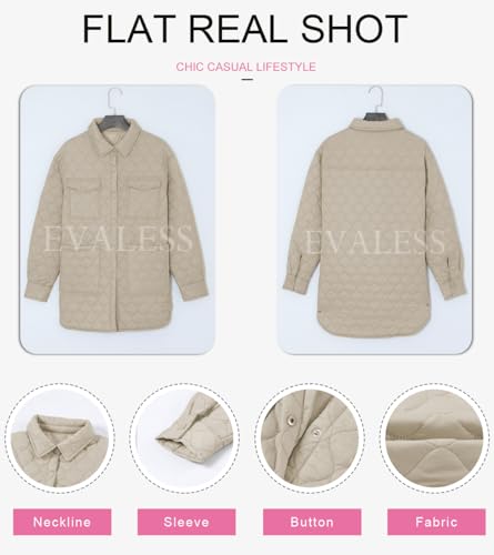 EVALESS Diamond Quilted Jackets for Women Lightweight Collar Long Sleeve Button Down Puffer Jacket Fall 2024 Coat Outerwear with Pockets Beige Medium