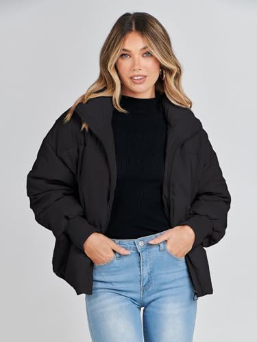 MEROKEETY Women's 2024 Winter Long Sleeve Zip Puffer Jacket Pockets Baggy Short Down Coats, Black, M