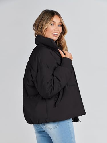 MEROKEETY Women's 2024 Winter Long Sleeve Zip Puffer Jacket Pockets Baggy Short Down Coats, Black, M