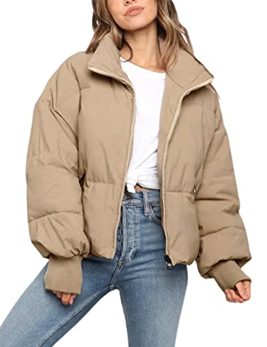 Tanming Womens Casual Puffer Jacket Long Sleeve Full Zip Black Padded Winter Coat(Khaki-S)
