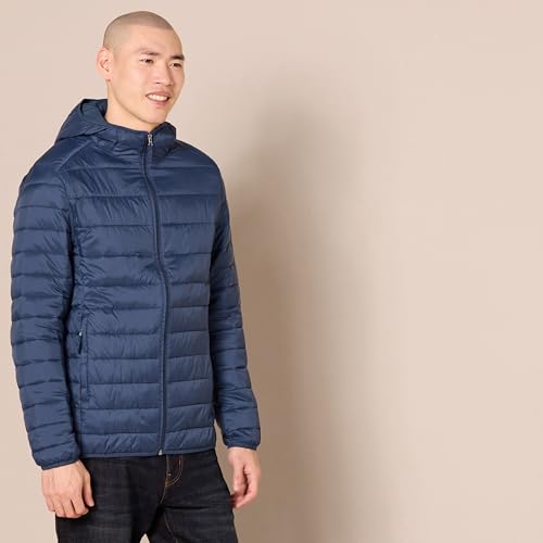 Amazon Essentials Men's Lightweight Water-Resistant Packable Hooded Puffer Jacket, Navy, Small