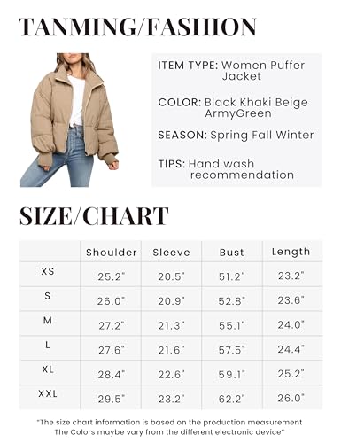 Tanming Womens Casual Puffer Jacket Long Sleeve Full Zip Black Padded Winter Coat（Khaki-S）