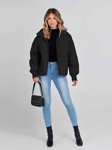 MEROKEETY Women's 2024 Winter Long Sleeve Zip Puffer Jacket Pockets Baggy Short Down Coats, Black, M