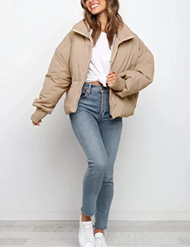 Tanming Womens Casual Puffer Jacket Long Sleeve Full Zip Black Padded Winter Coat（Khaki-S）