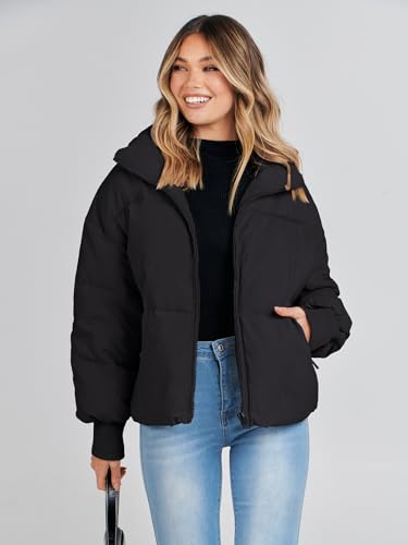 MEROKEETY Women's 2024 Winter Long Sleeve Zip Puffer Jacket Pockets Baggy Short Down Coats, Black, M
