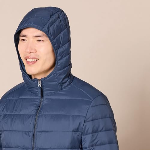 Amazon Essentials Men's Lightweight Water-Resistant Packable Hooded Puffer Jacket, Navy, Small