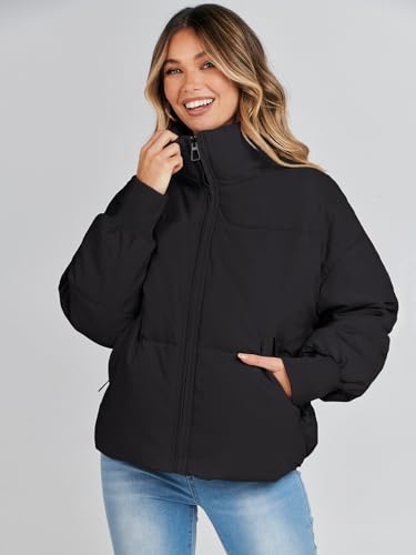 MEROKEETY Women's 2024 Winter Long Sleeve Zip Puffer Jacket Pockets Baggy Short Down Coats, Black, M