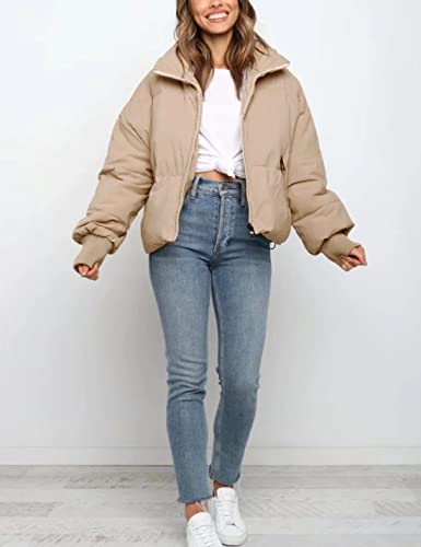 Tanming Womens Casual Puffer Jacket Long Sleeve Full Zip Black Padded Winter Coat（Khaki-S）