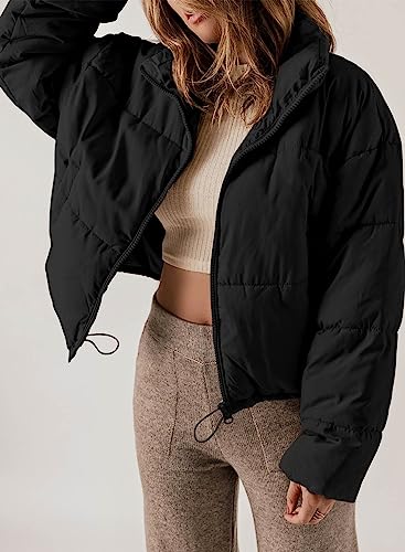 Dokotoo Puffer Jacket Womens Winter Casual Quilted Jackets Fashion Fall Full Zip Up Long Sleeve Drop Shoulder Oversized Stand Collar Padded Coats Baggy Warm Outerwear with Pockets Black Large