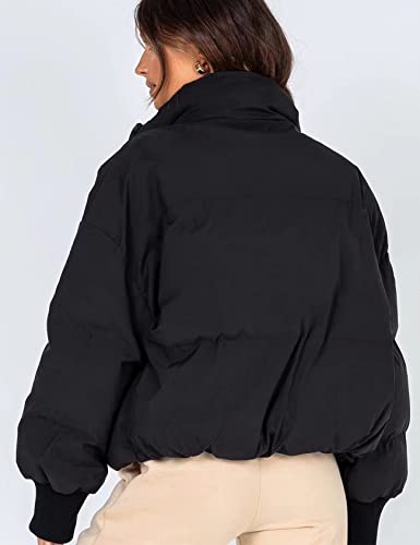 Gihuo Women’s Winter Warm Long Sleeve Zip Front Short Baggy Puffer Jacket with Pockets(Black-M)