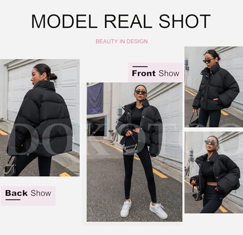 Dokotoo Puffer Jacket Womens Winter Casual Quilted Jackets Fashion Fall Full Zip Up Long Sleeve Drop Shoulder Oversized Stand Collar Padded Coats Baggy Warm Outerwear with Pockets Black Large