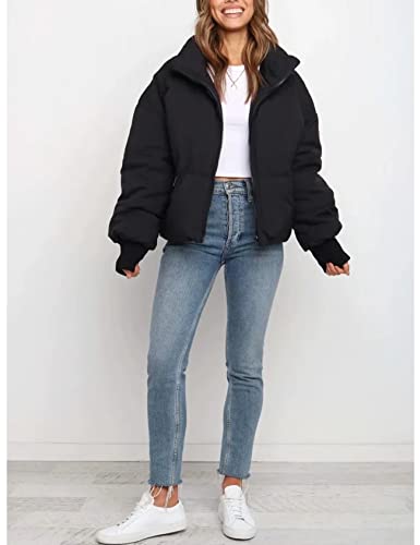 Gihuo Women’s Winter Warm Long Sleeve Zip Front Short Baggy Puffer Jacket with Pockets(Black-M)
