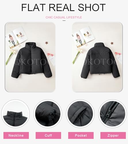 Dokotoo Puffer Jacket Womens Winter Casual Quilted Jackets Fashion Fall Full Zip Up Long Sleeve Drop Shoulder Oversized Stand Collar Padded Coats Baggy Warm Outerwear with Pockets Black Large