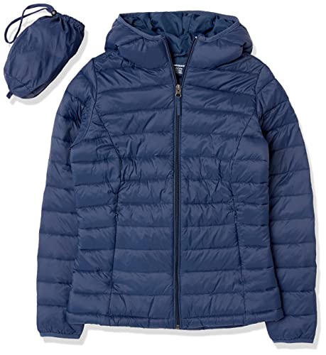 Amazon Essentials Women's Lightweight Long-Sleeve Full-Zip Water-Resistant Packable Hooded Puffer Jacket, Navy, Medium