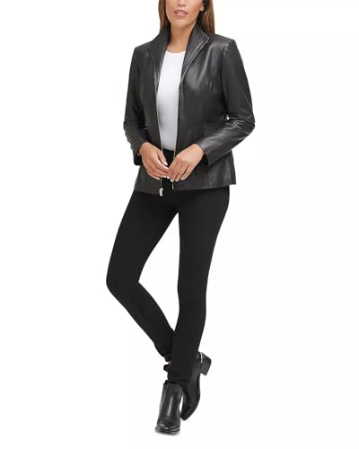 Cole Haan Women's Fully Lined Wing Collar Leather Coat, Black