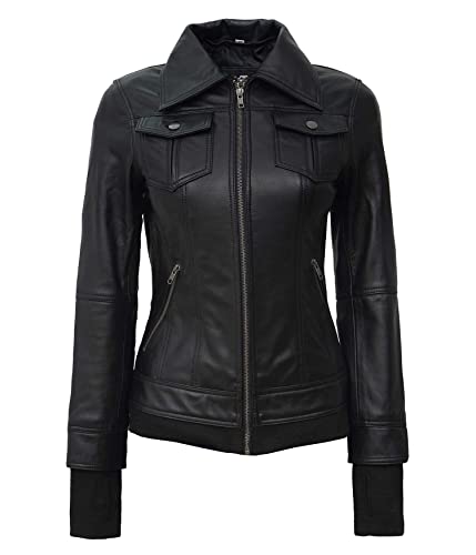 Decrum Hooded Womens Leather Jackets - Leather Bomber Jacket Women | [1309196] Betty Black, 2XL
