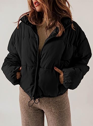 Dokotoo Puffer Jacket Womens Winter Casual Quilted Jackets Fashion Fall Full Zip Up Long Sleeve Drop Shoulder Oversized Stand Collar Padded Coats Baggy Warm Outerwear with Pockets Black Large