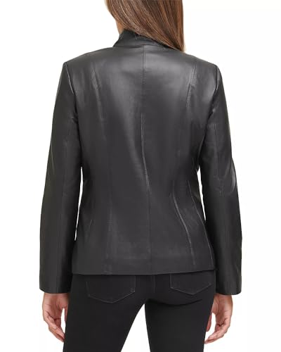 Cole Haan Women's Fully Lined Wing Collar Leather Coat, Black