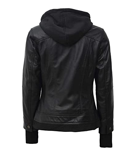 Decrum Hooded Womens Leather Jackets - Leather Bomber Jacket Women | [1309196] Betty Black, 2XL