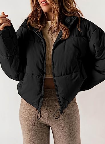 Dokotoo Puffer Jacket Womens Winter Casual Quilted Jackets Fashion Fall Full Zip Up Long Sleeve Drop Shoulder Oversized Stand Collar Padded Coats Baggy Warm Outerwear with Pockets Black Large