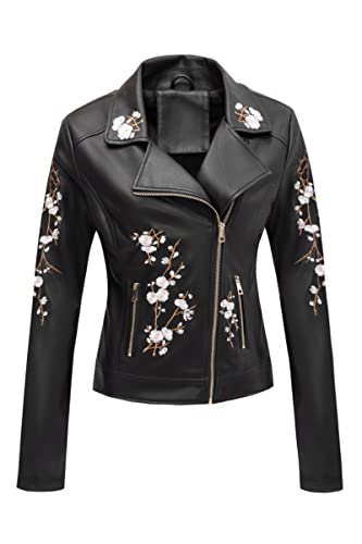 Bellivera Faux Leather Jackets for Womens Spring Fall Clothes Winter Soft Casual Short Floral Motorcycle Biker Coat 1702021 Black M