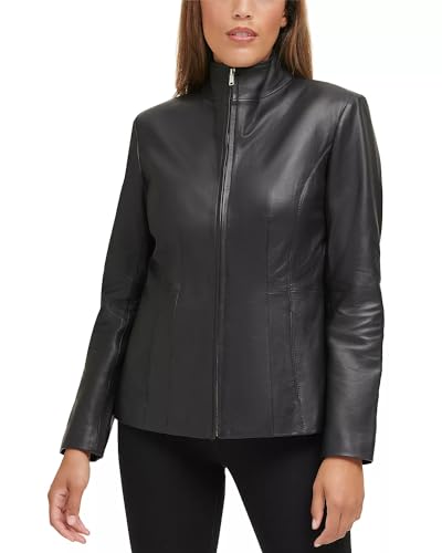 Cole Haan Women's Fully Lined Wing Collar Leather Coat, Black