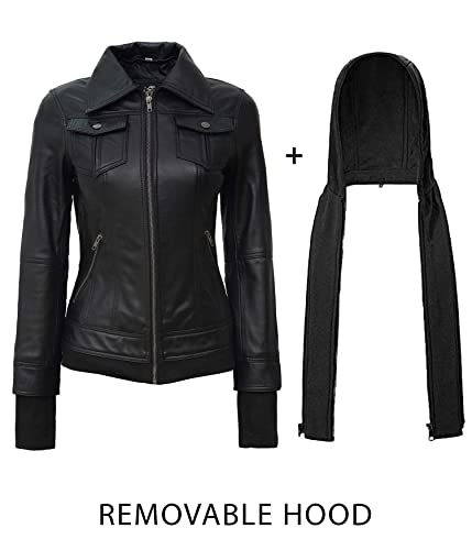 Decrum Hooded Womens Leather Jackets - Leather Bomber Jacket Women | [1309196] Betty Black, 2XL