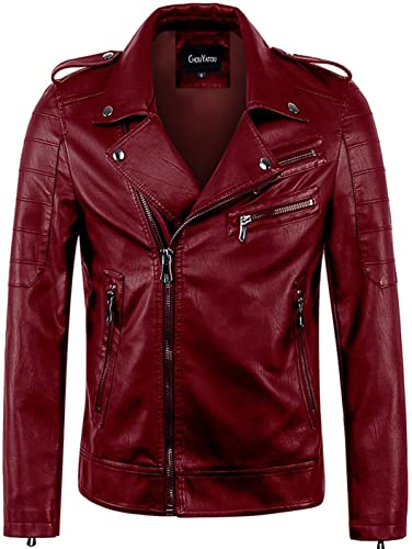 chouyatou Men's Vintage Asymmetric Zip Lightweight Faux Leather Biker Jacket (Medium, Wine Red)