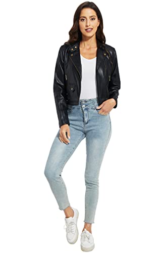 Fahsyee Faux Leather Jacket Women - Black Motorcycle Cropped Short Coat Moto Biker Blazer Slim Size Casual Soft Jackets Fashion M