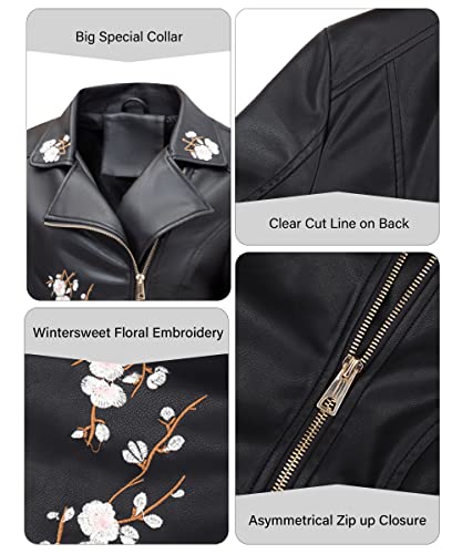 Bellivera Faux Leather Jackets for Womens Spring Fall Clothes Winter Soft Casual Short Floral Motorcycle Biker Coat 1702021 Black M