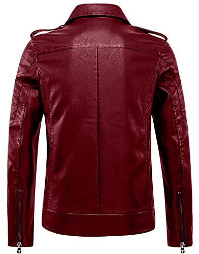 chouyatou Men's Vintage Asymmetric Zip Lightweight Faux Leather Biker Jacket (Medium, Wine Red)